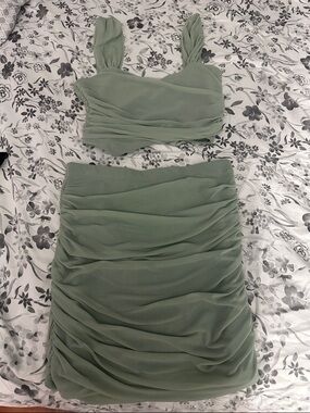SHEIN Sage Green Ruched Two-Piece Skirt Set